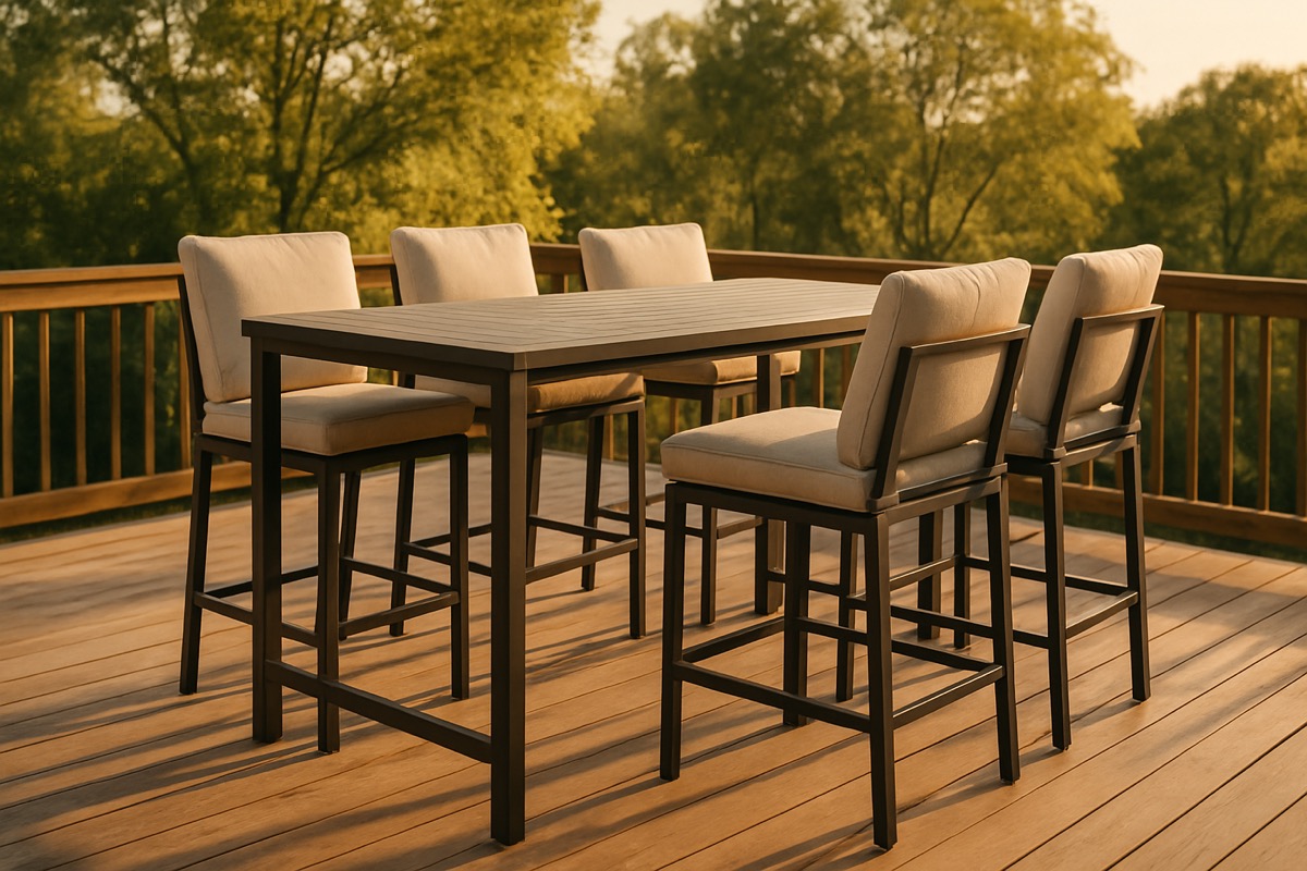 Bar-height outdoor dining table with tall stools on a deck