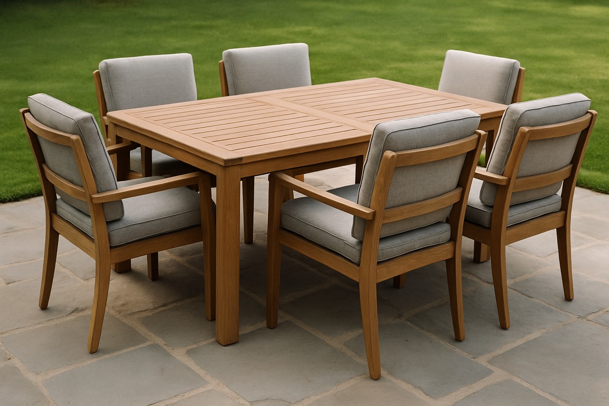 Standard-height outdoor dining table with cushioned chairs