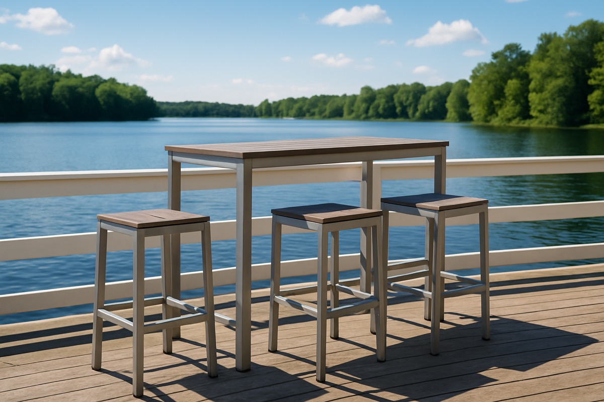 Tall outdoor bar table on a lakefront deck near the railing
