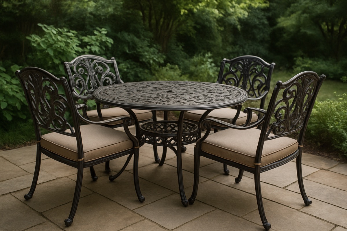 Cast aluminum patio dining set with ornate scrollwork on a Carolina patio