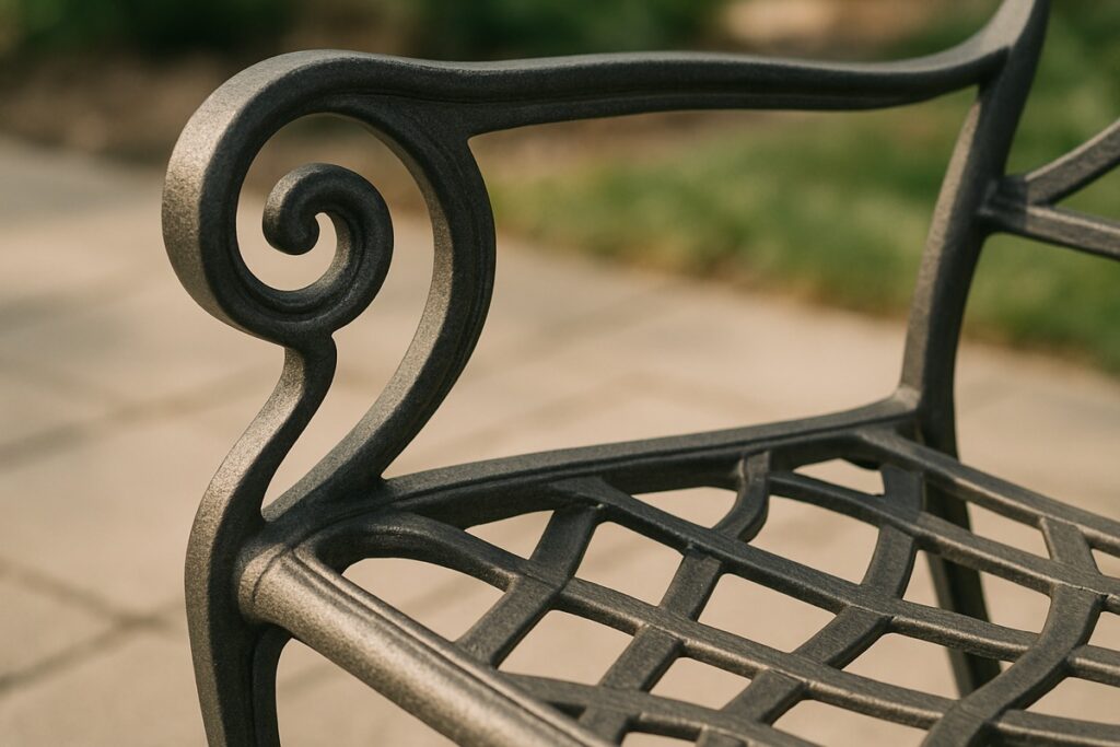 Close-up of powder-coated cast aluminum patio chair frame