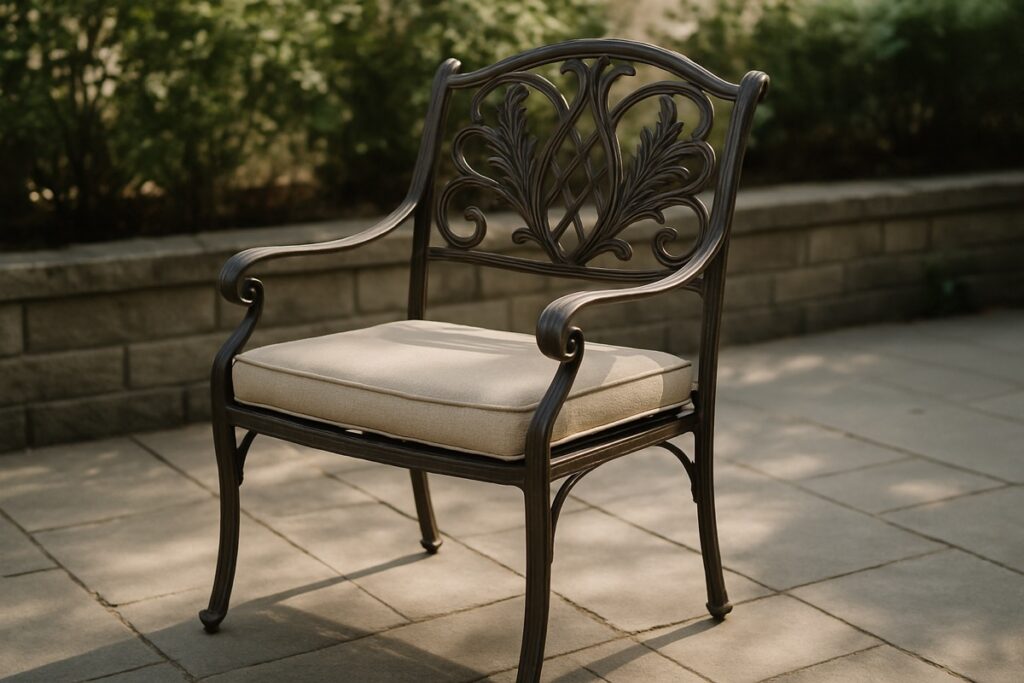 Ornate metal patio chair with a seat cushion