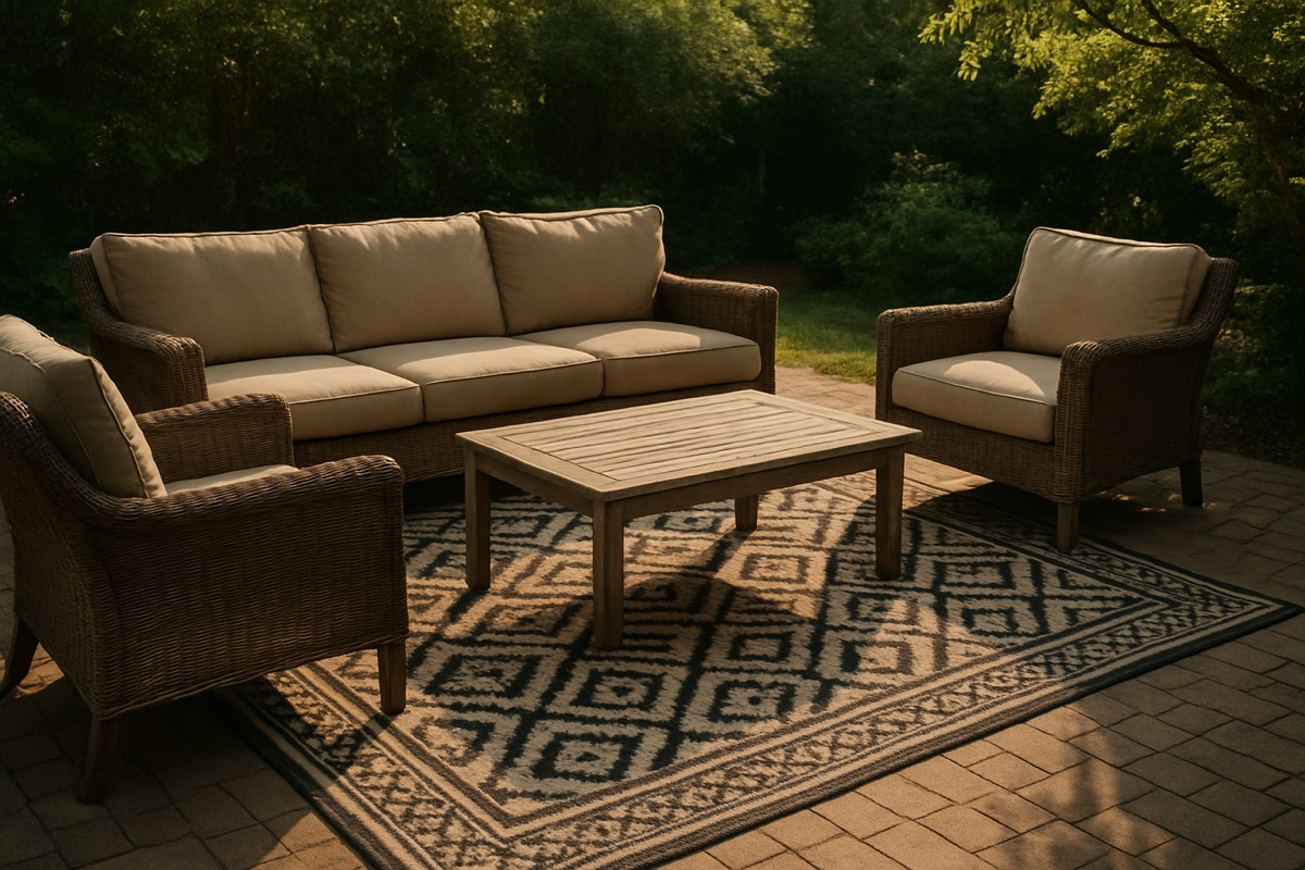 Patterned outdoor rug anchoring a cushioned seating set on a Carolina patio