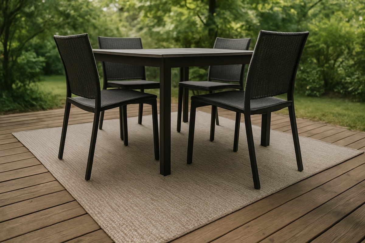 Neutral flatweave outdoor rug under a patio dining table and chairs