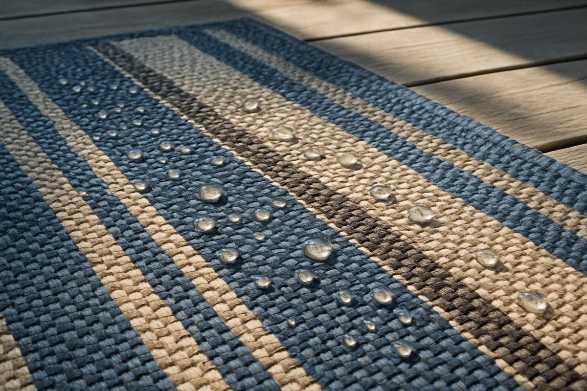 Close-up of a striped synthetic outdoor rug texture on a sunny deck