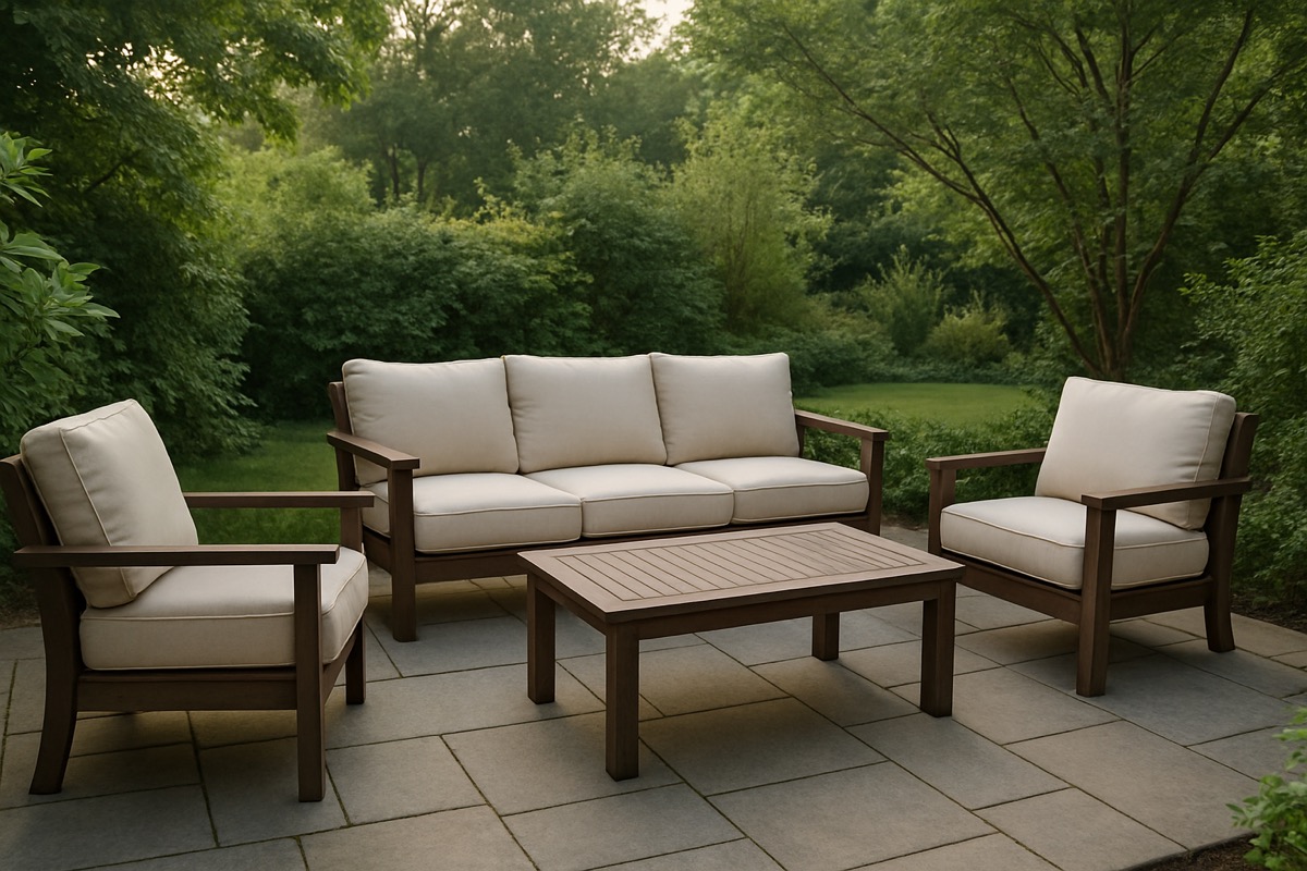 Outdoor deep seating set with sofa and club chairs on a patio
