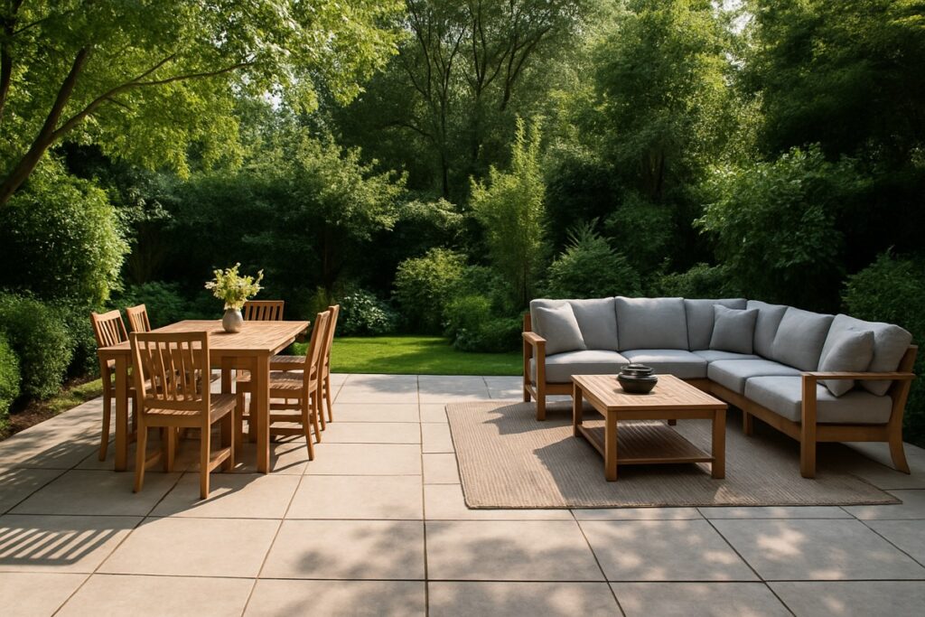 Patio with both a dining zone and a lounge seating zone