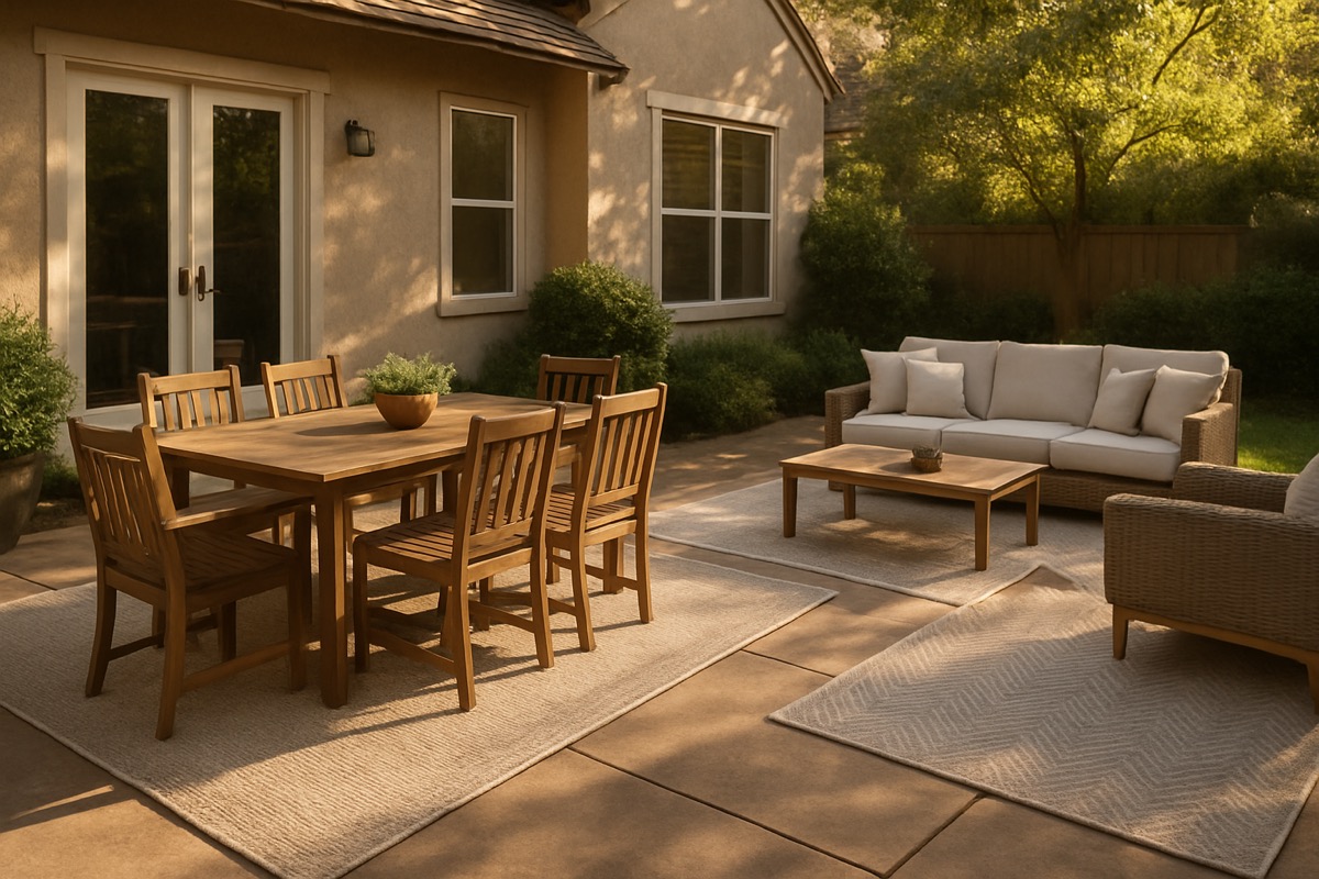 Patio with a separate dining set and lounge seating area defined by rugs