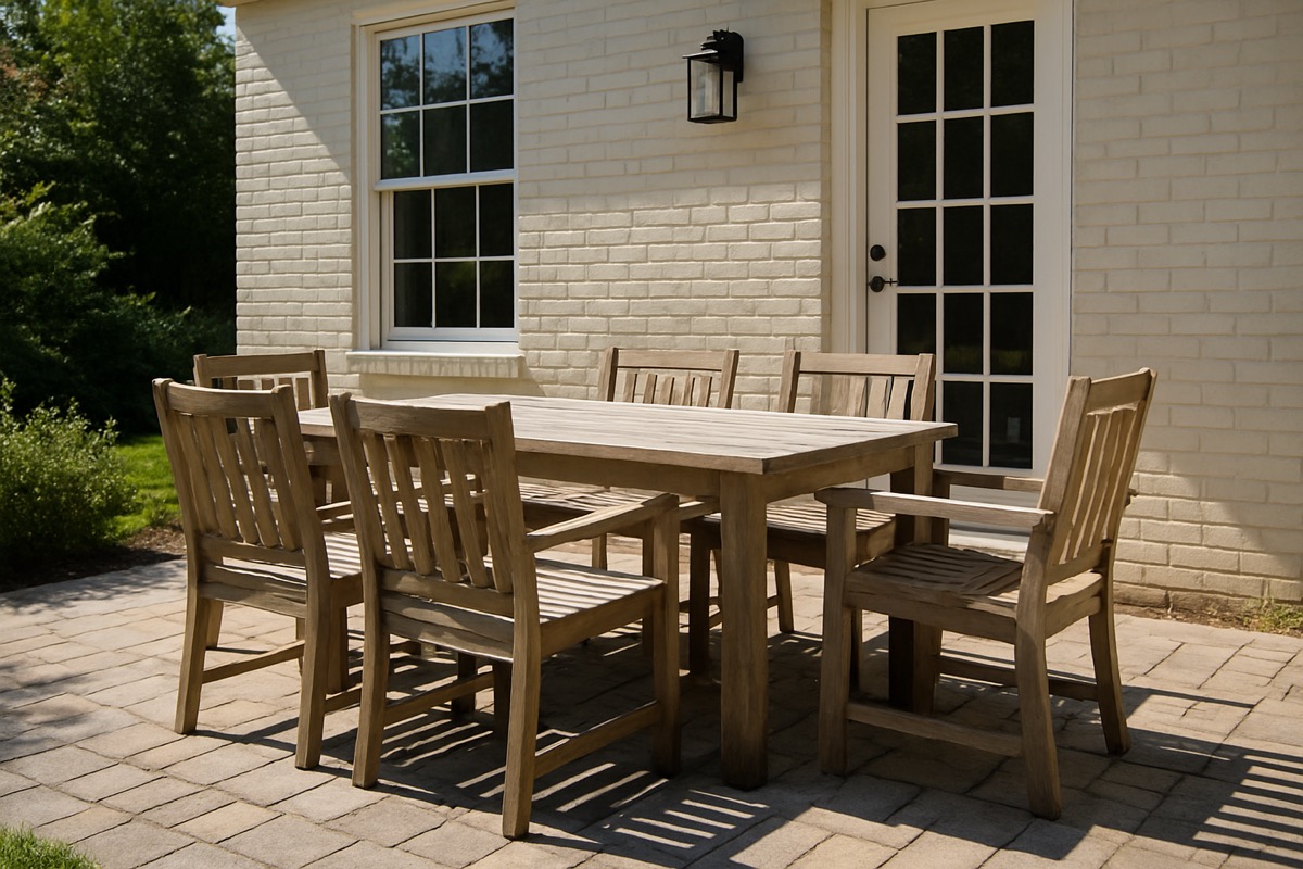 Outdoor dining set near a kitchen door on a paver patio