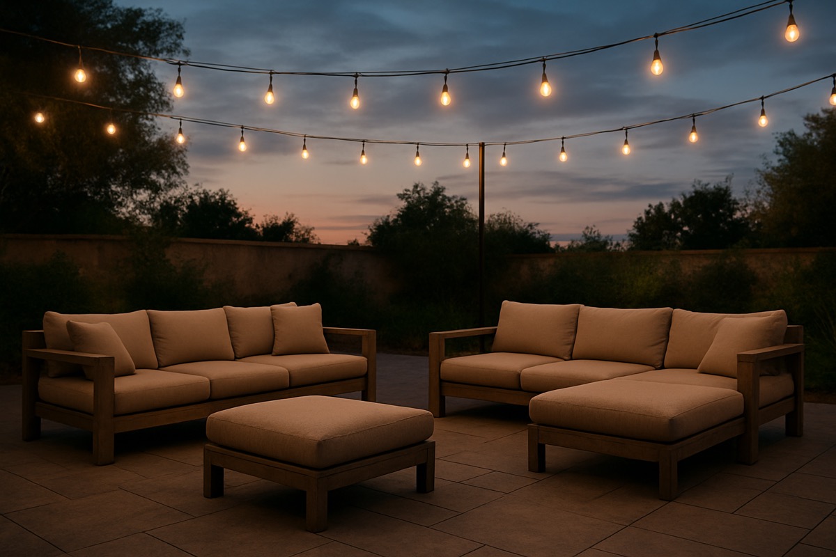 Low lounge seating with string lights at the far end of a patio
