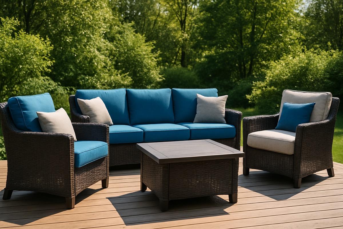 Colorful fade-resistant outdoor cushions on patio furniture