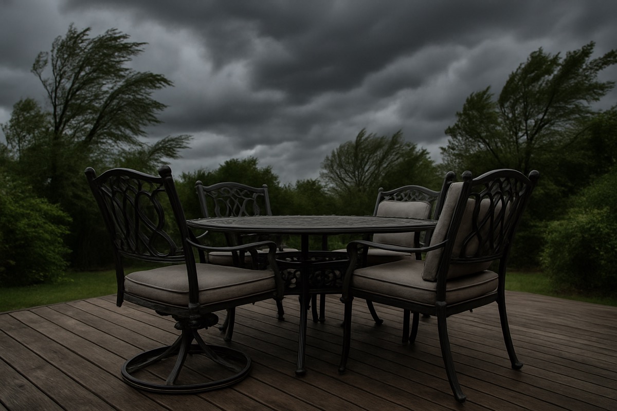 Heavy cast aluminum patio dining set anchored on a Carolina deck under a cloudy sky