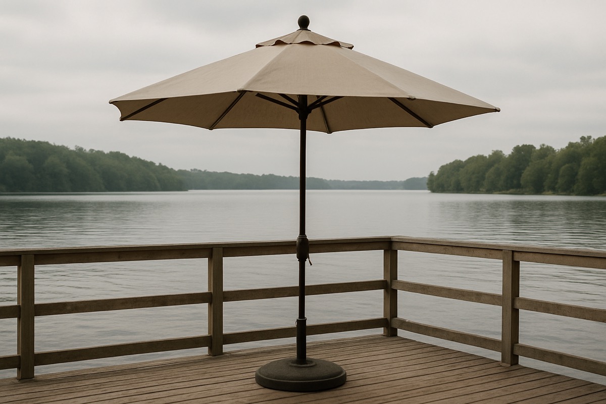 Patio umbrella with a heavy weighted base on a lakefront deck