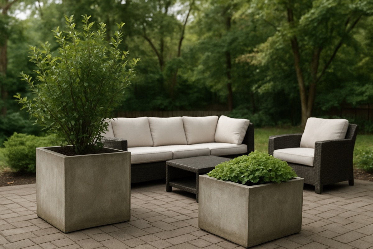 Large concrete planters placed at the corners of an outdoor seating area