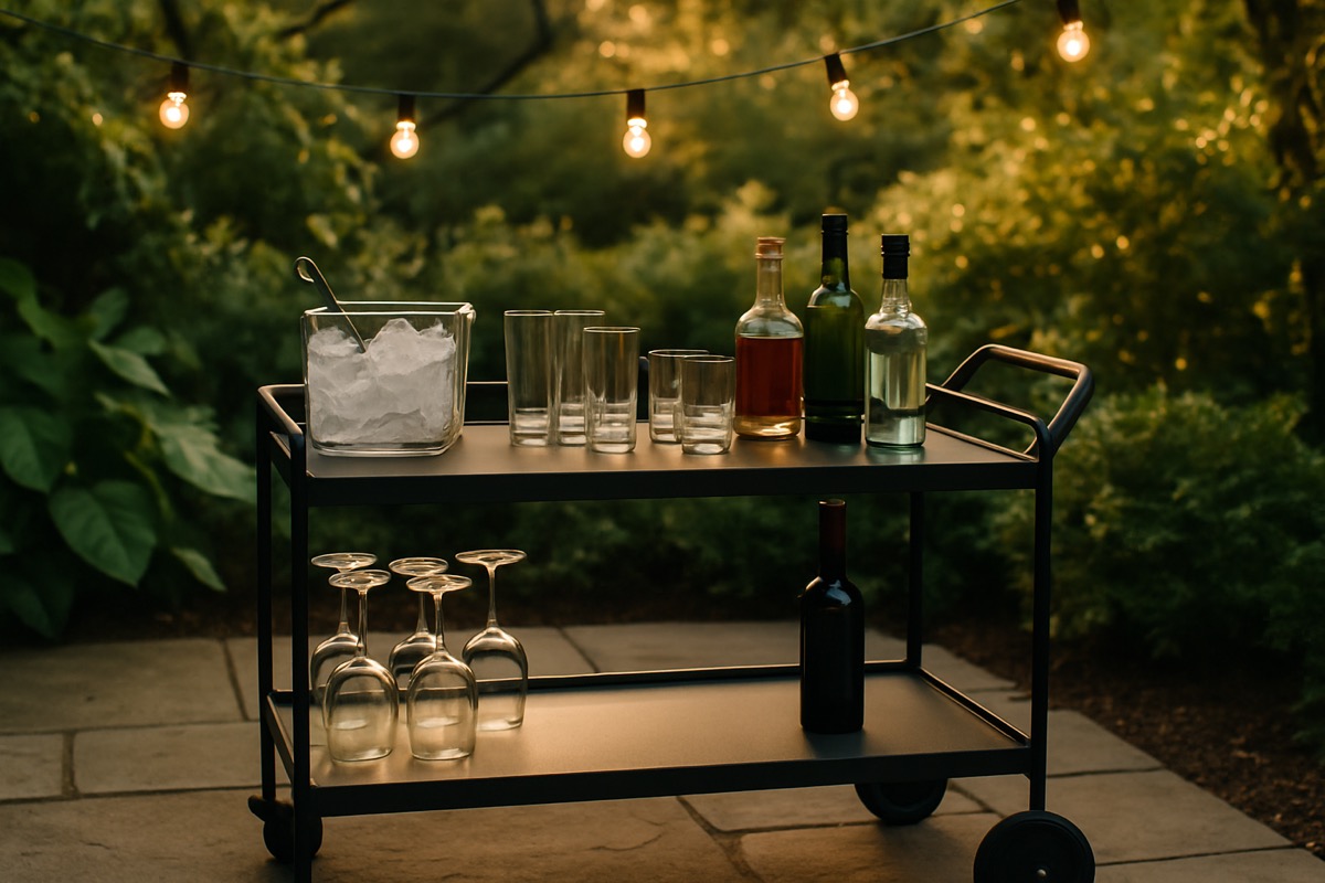 Outdoor bar cart stocked with glassware and bottles on a Carolina patio