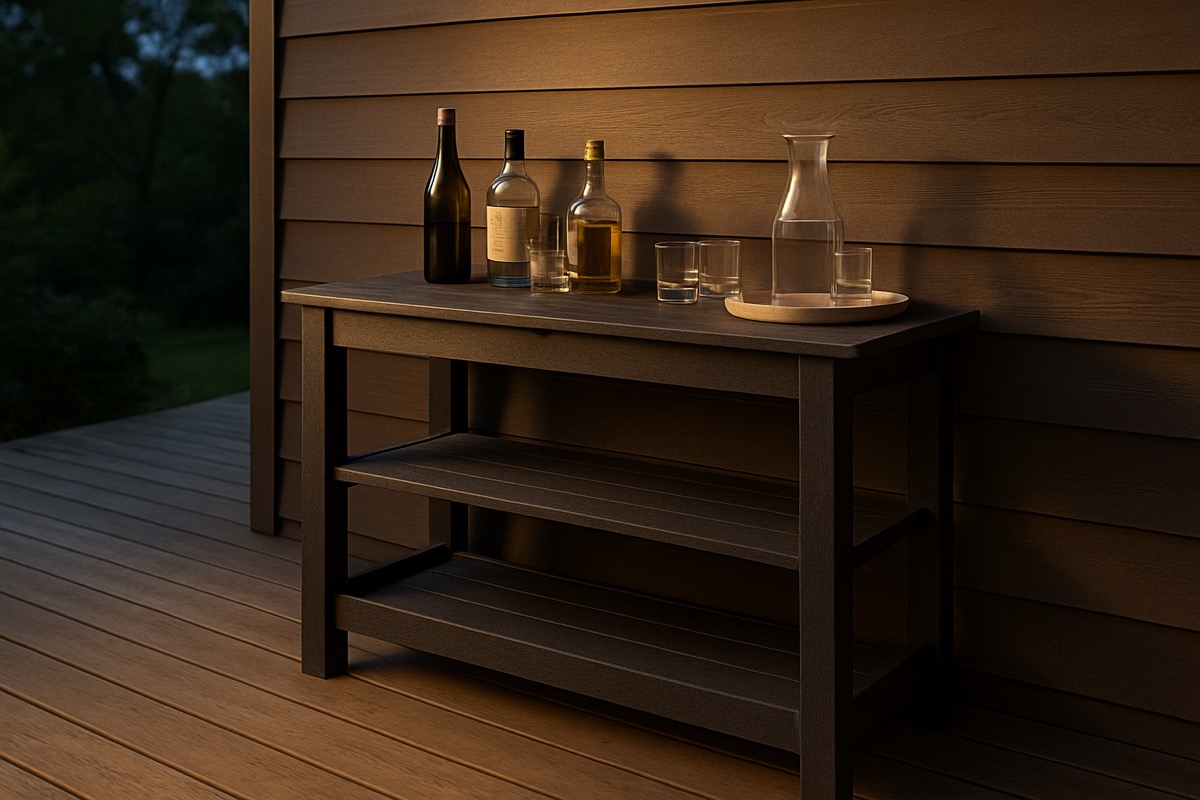 Recycled plastic serving console along a deck wall with bottles and glasses