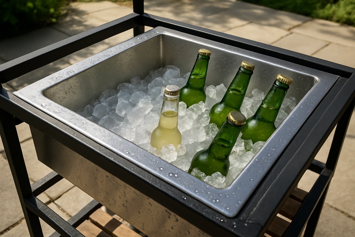 Close-up of an insulated ice bin built into an outdoor bar cart