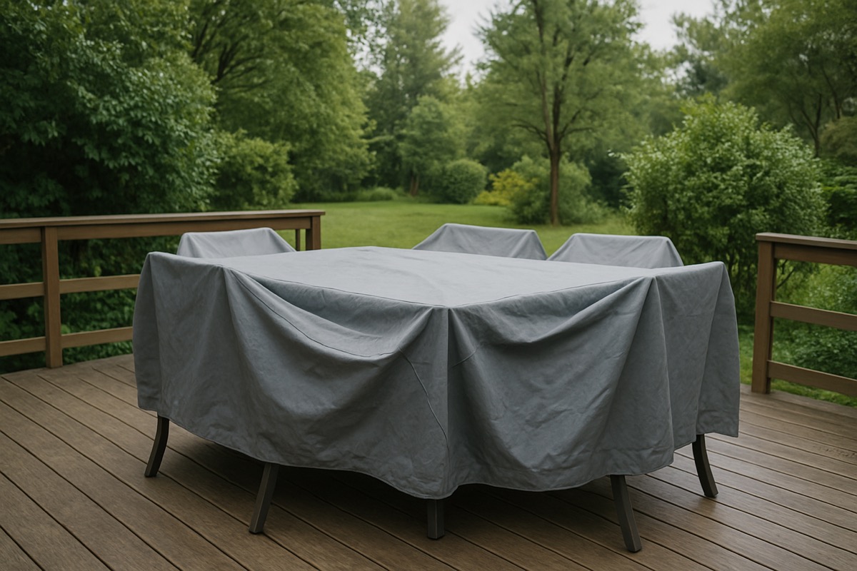 Patio furniture protected by a fitted cover on a deck