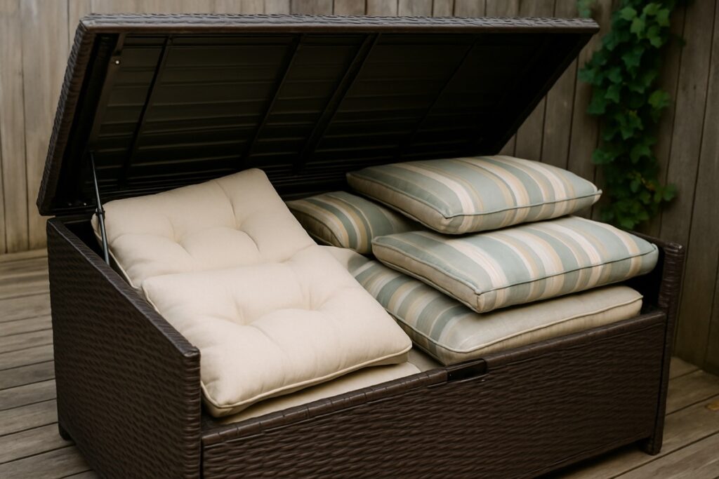 Outdoor cushions stored in a deck storage box