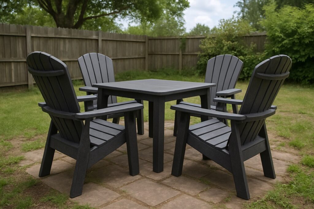 Recycled plastic outdoor furniture left out in a backyard