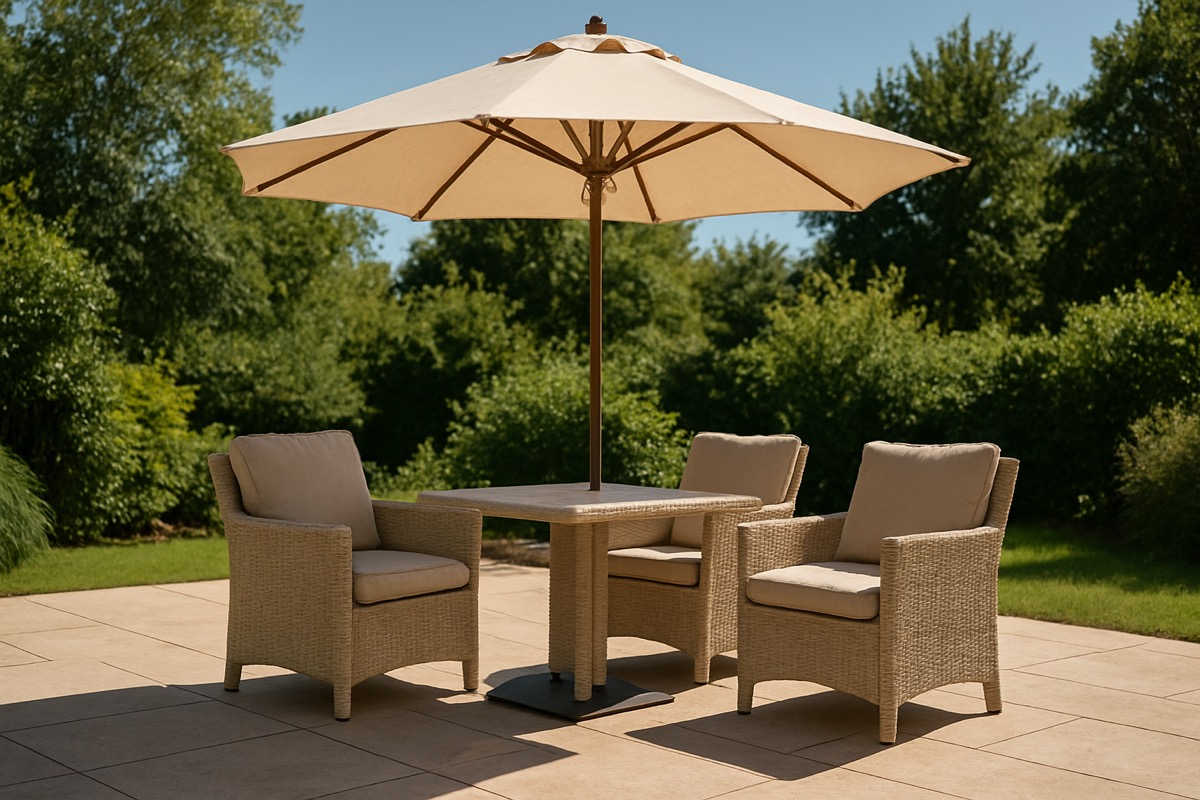 Light-colored outdoor furniture on a sunny patio under a market umbrella