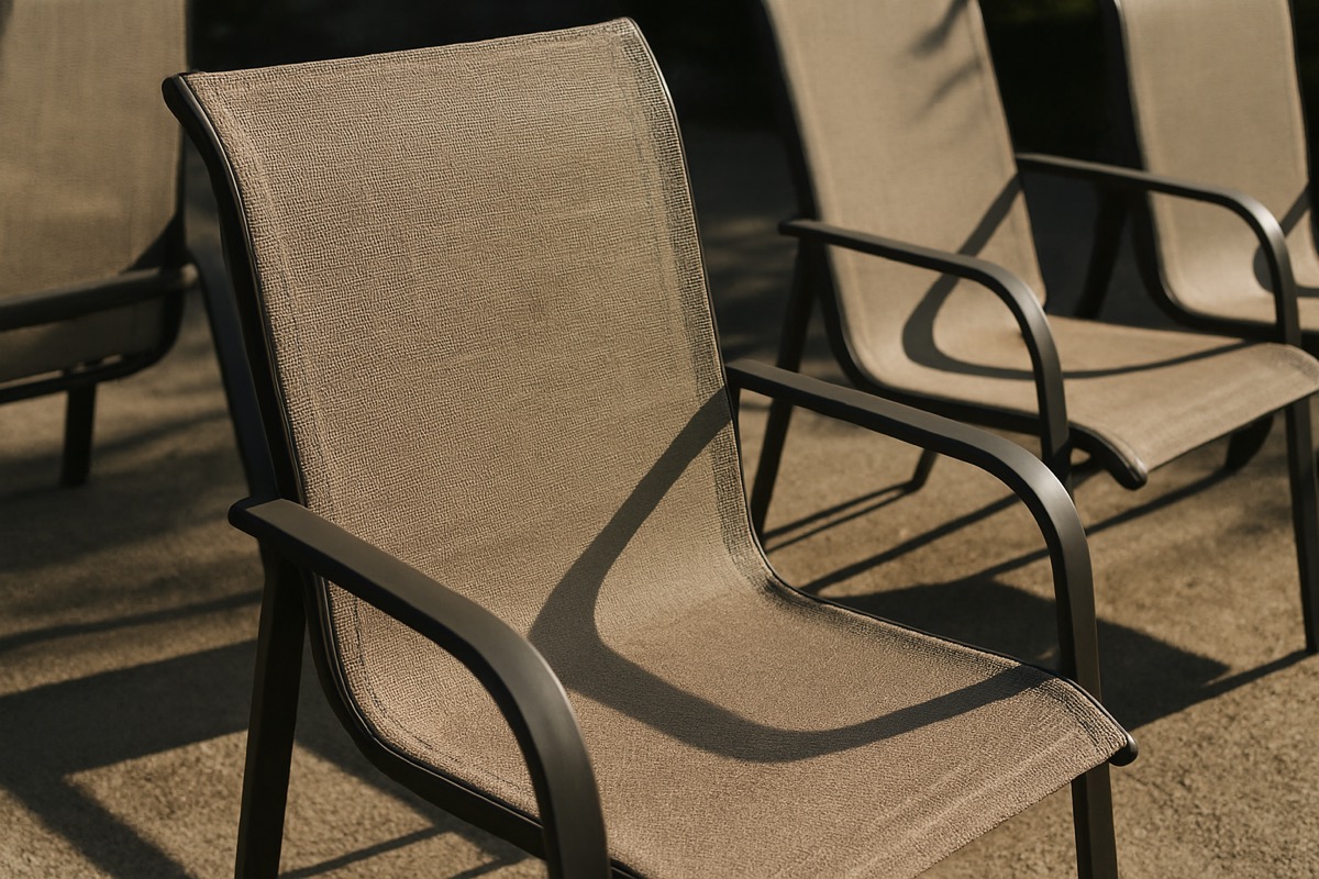 Sling outdoor chairs with breathable fabric in bright sunlight