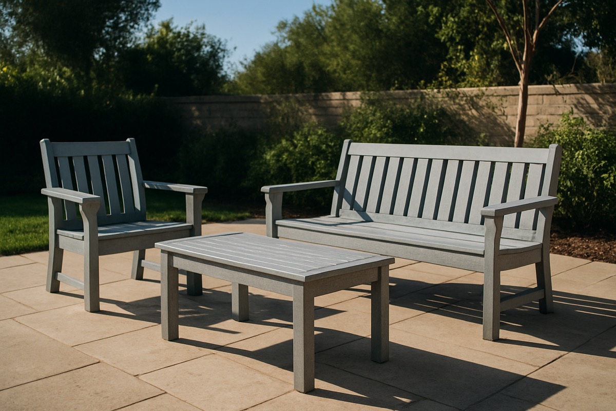 Light gray recycled plastic outdoor furniture on a sunlit patio