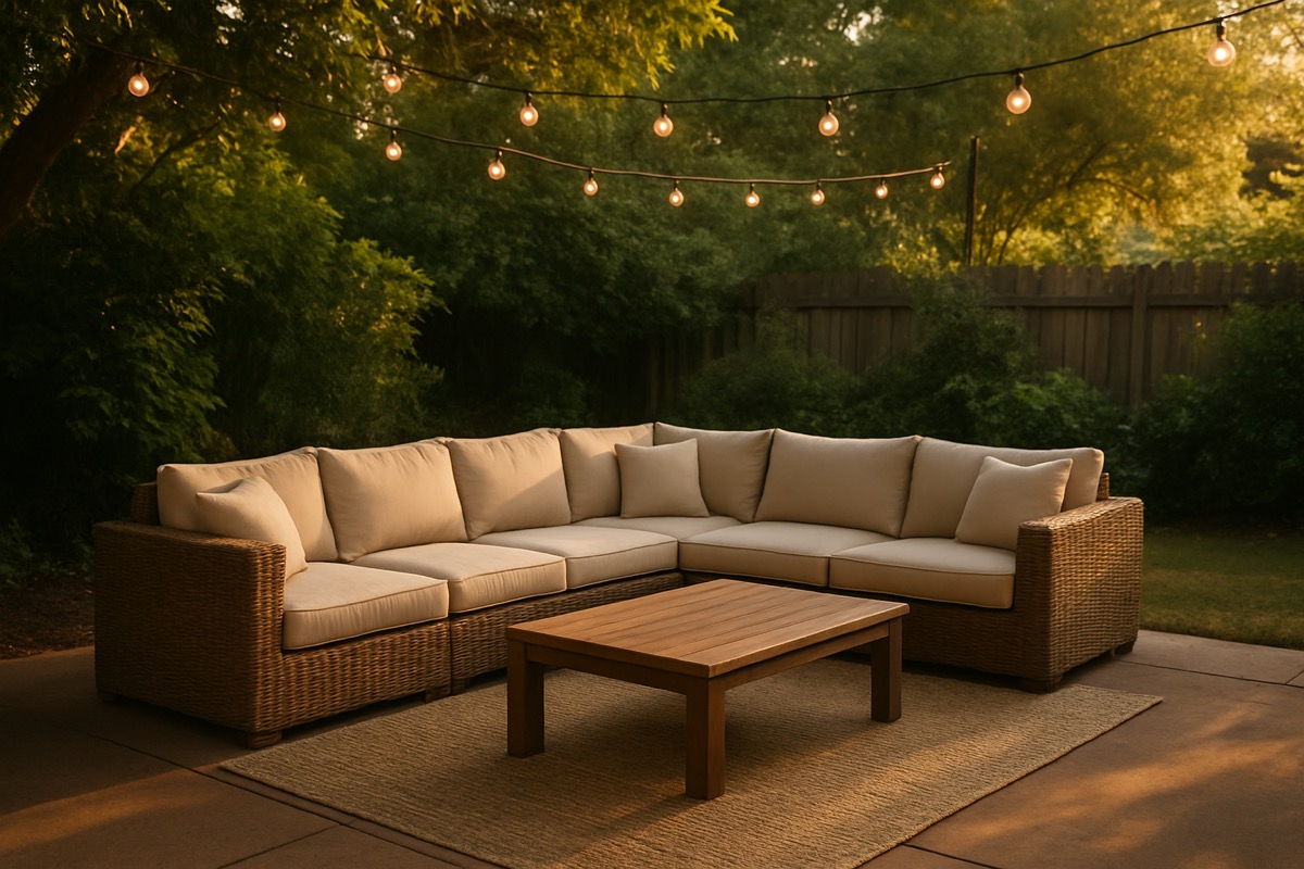 Outdoor sectional with coffee table and rug on a Carolina patio