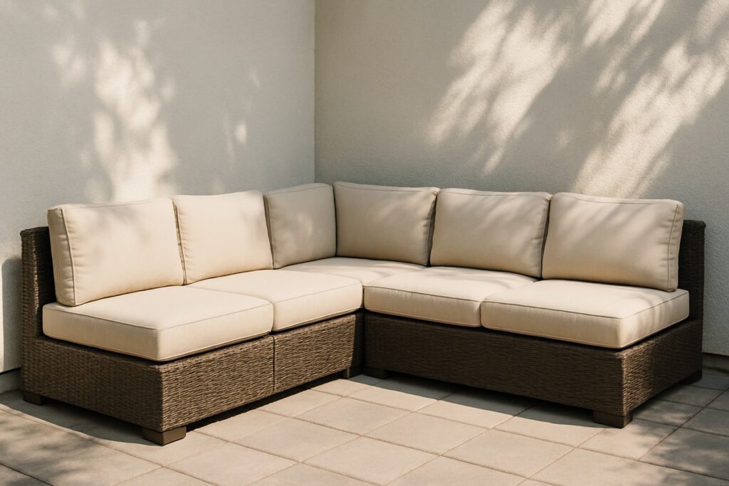 L-shaped outdoor sectional tucked into a patio corner