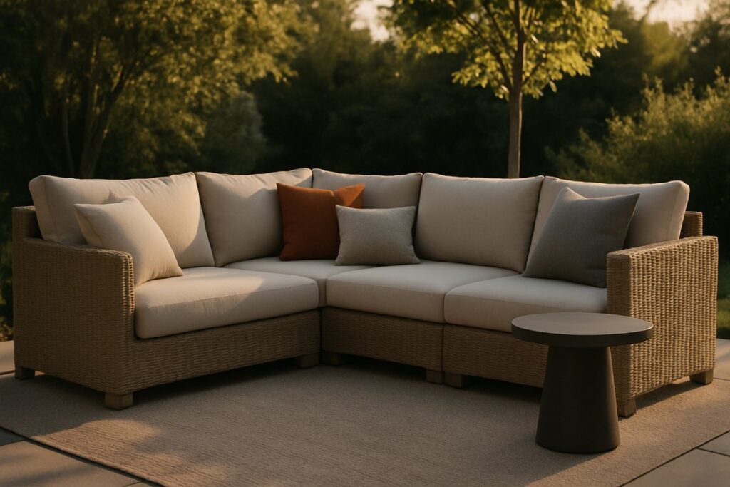 Outdoor sectional with throw pillows and a side table