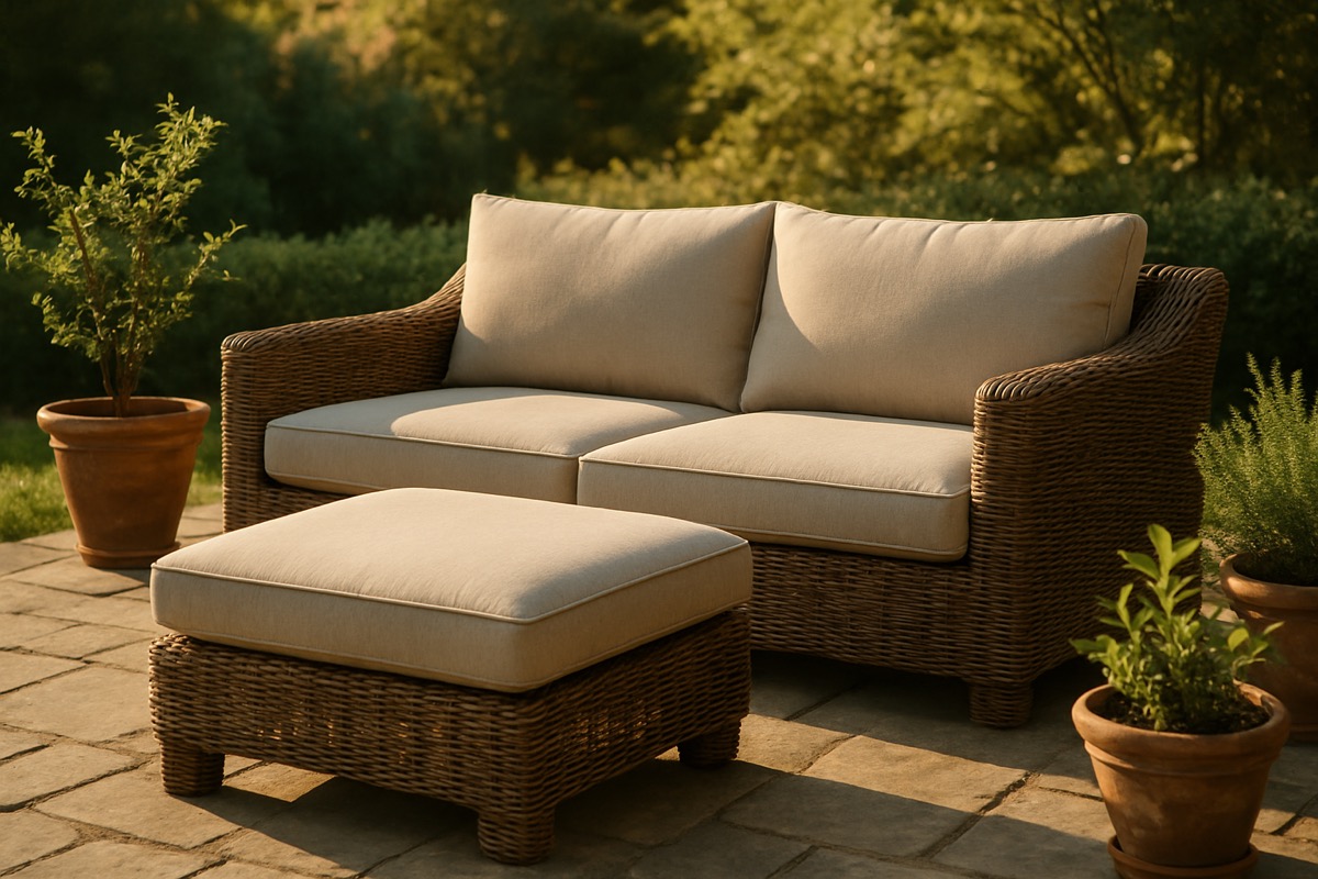 Outdoor deep-seating sofa with a matching cushioned ottoman on a patio