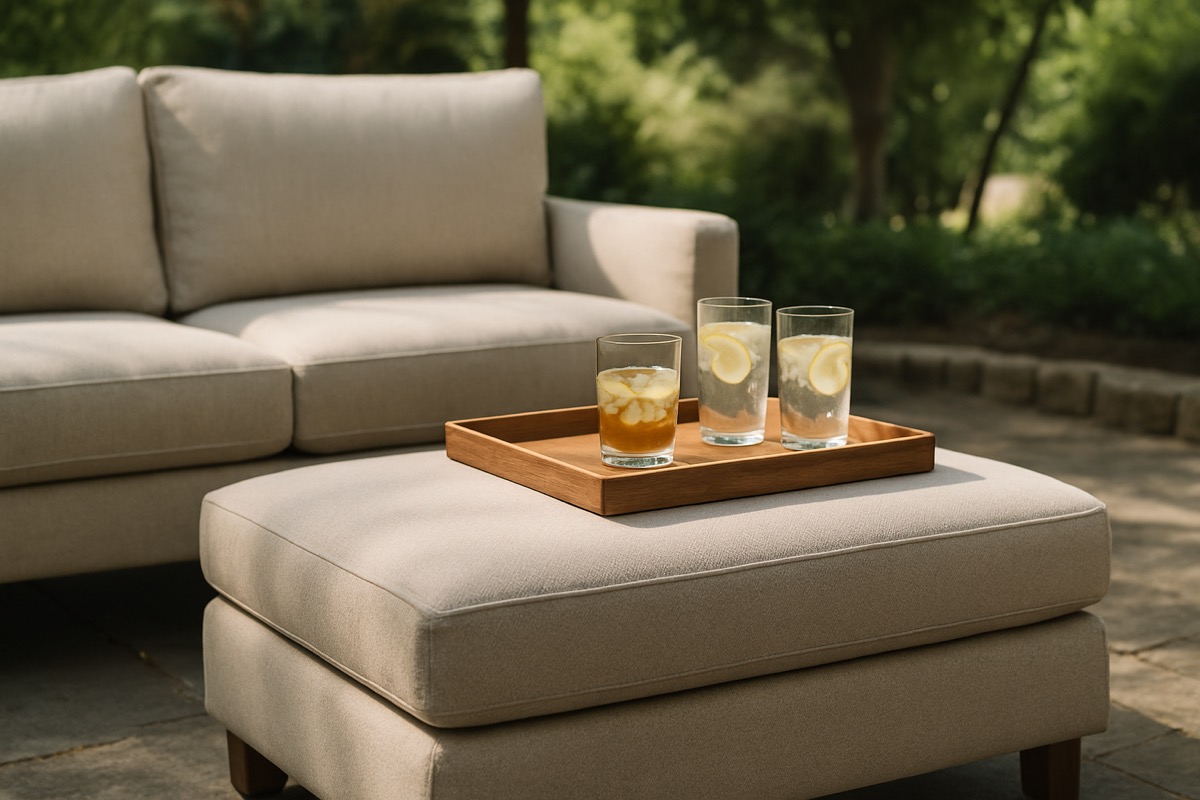 Upholstered outdoor ottoman topped with a serving tray as a coffee table