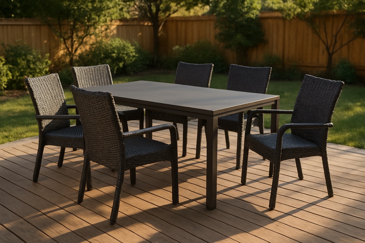 Outdoor patio dining set with six chairs on a backyard deck