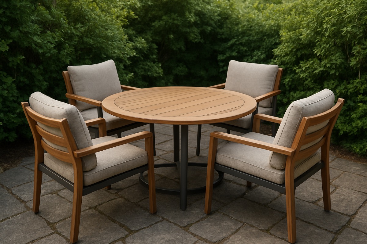 Round outdoor dining table for four on a compact stone patio