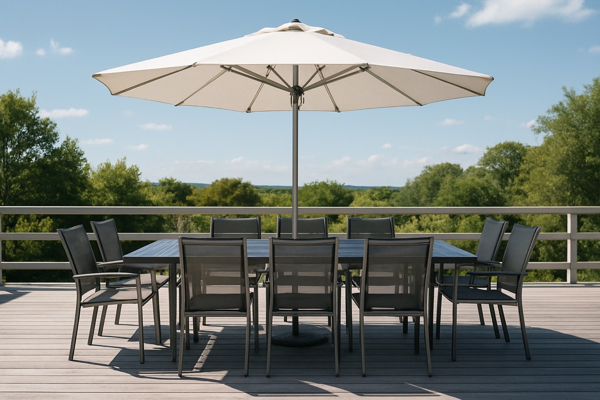 Long rectangular patio dining table with a center umbrella