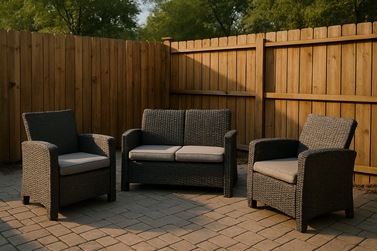 Compact patio furniture arranged on a small fenced townhome backyard patio
