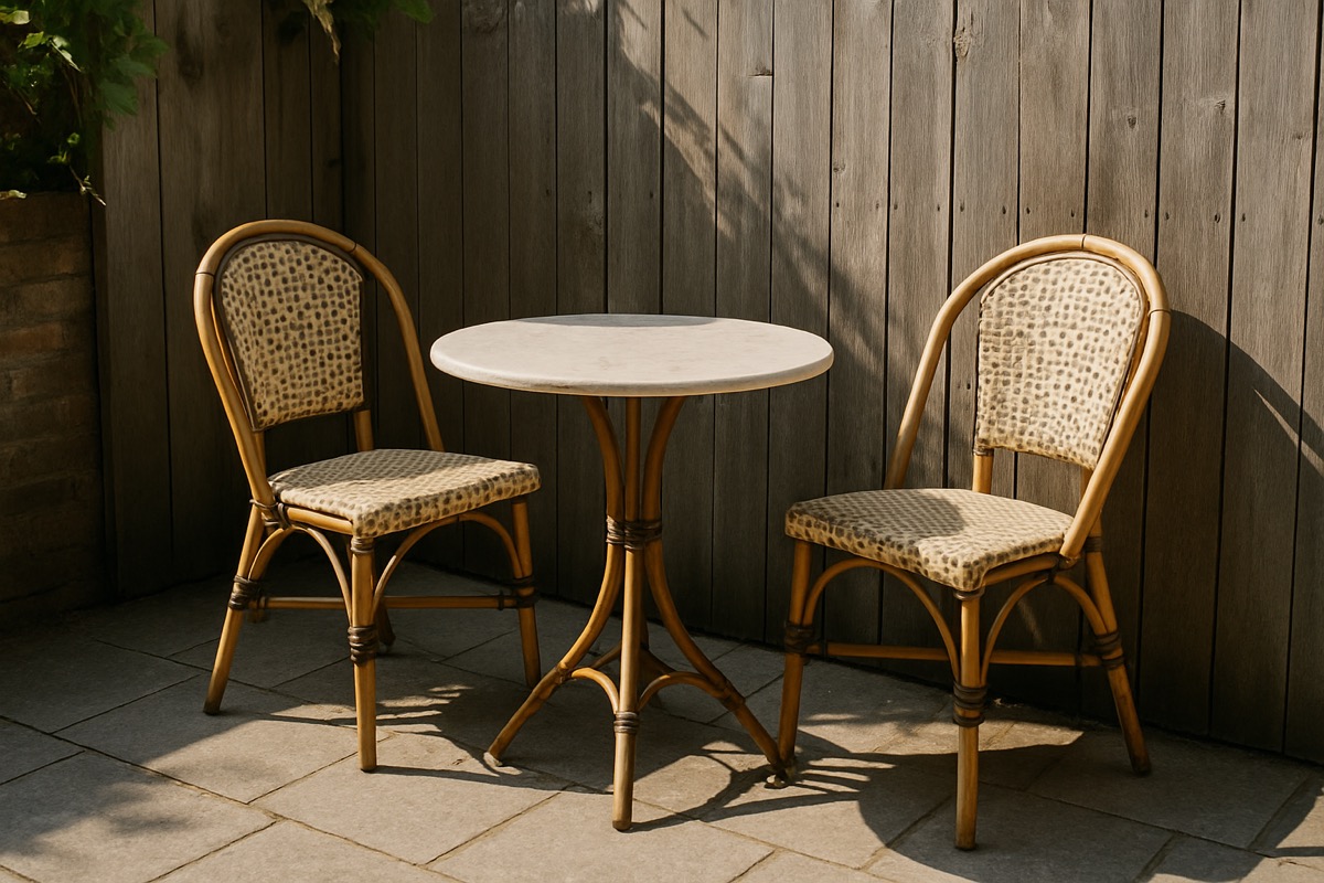 Round bistro table with two chairs tucked into a corner of a small patio