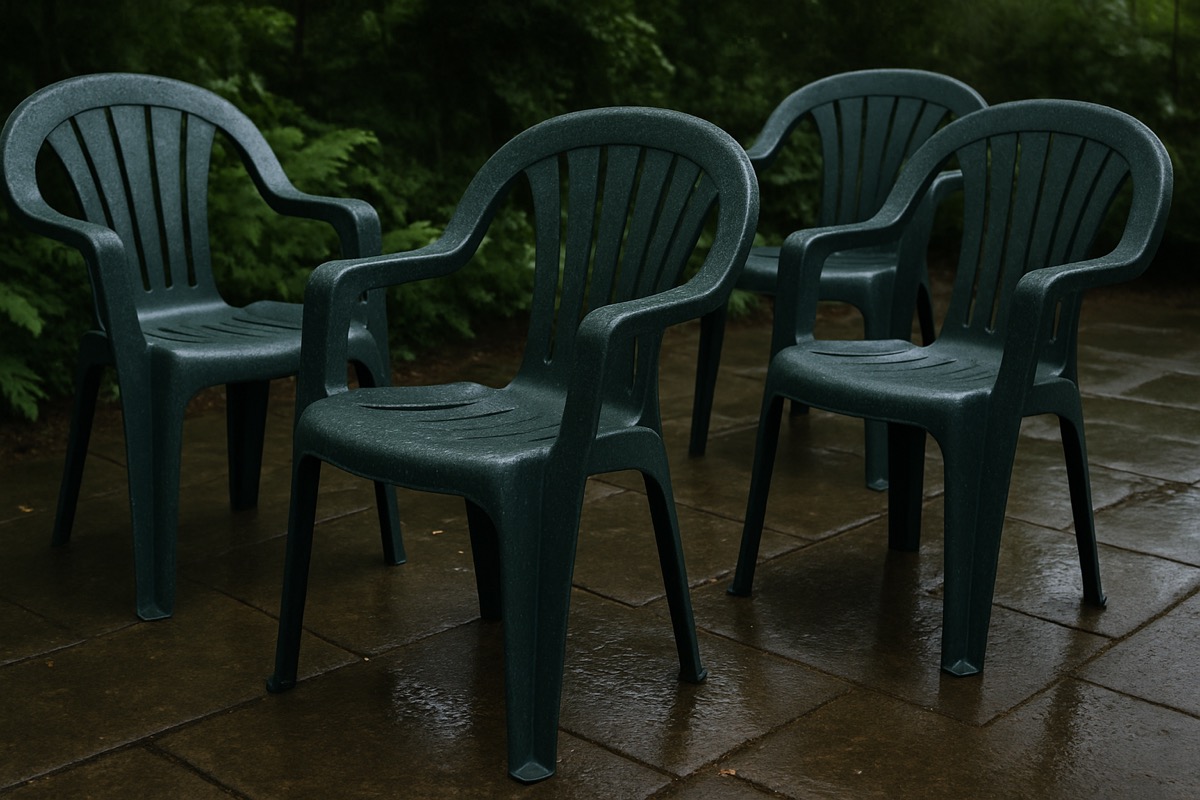 Recycled plastic outdoor chairs on a shaded townhome patio after rain