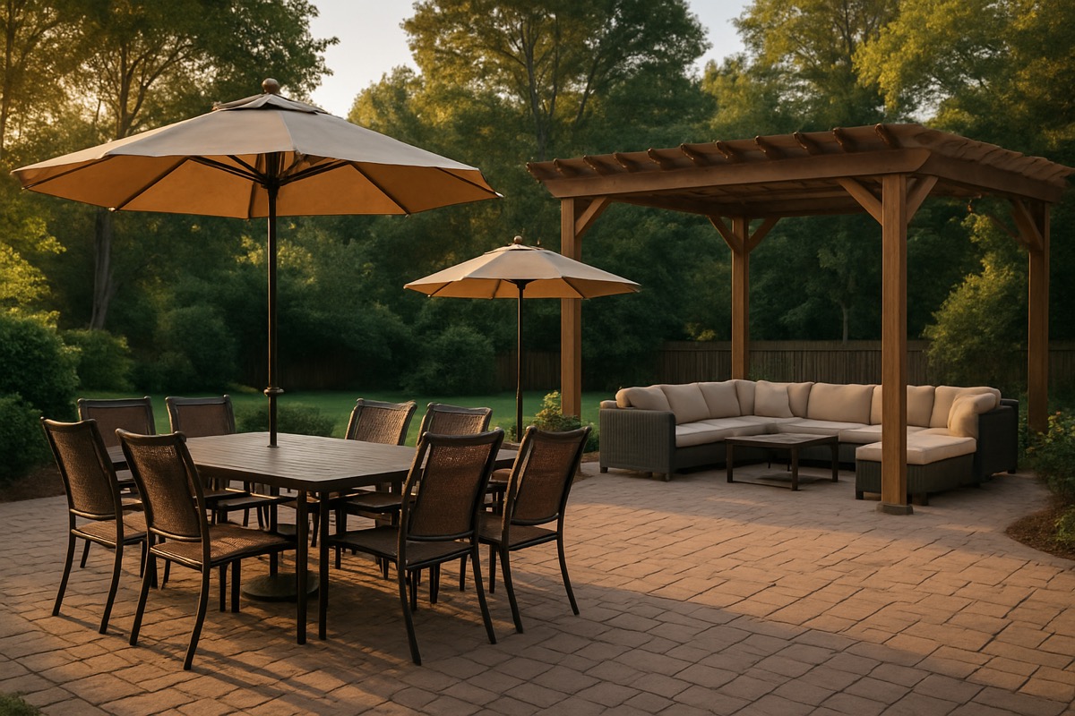 Large outdoor patio set up with dining and lounge zones for a summer gathering
