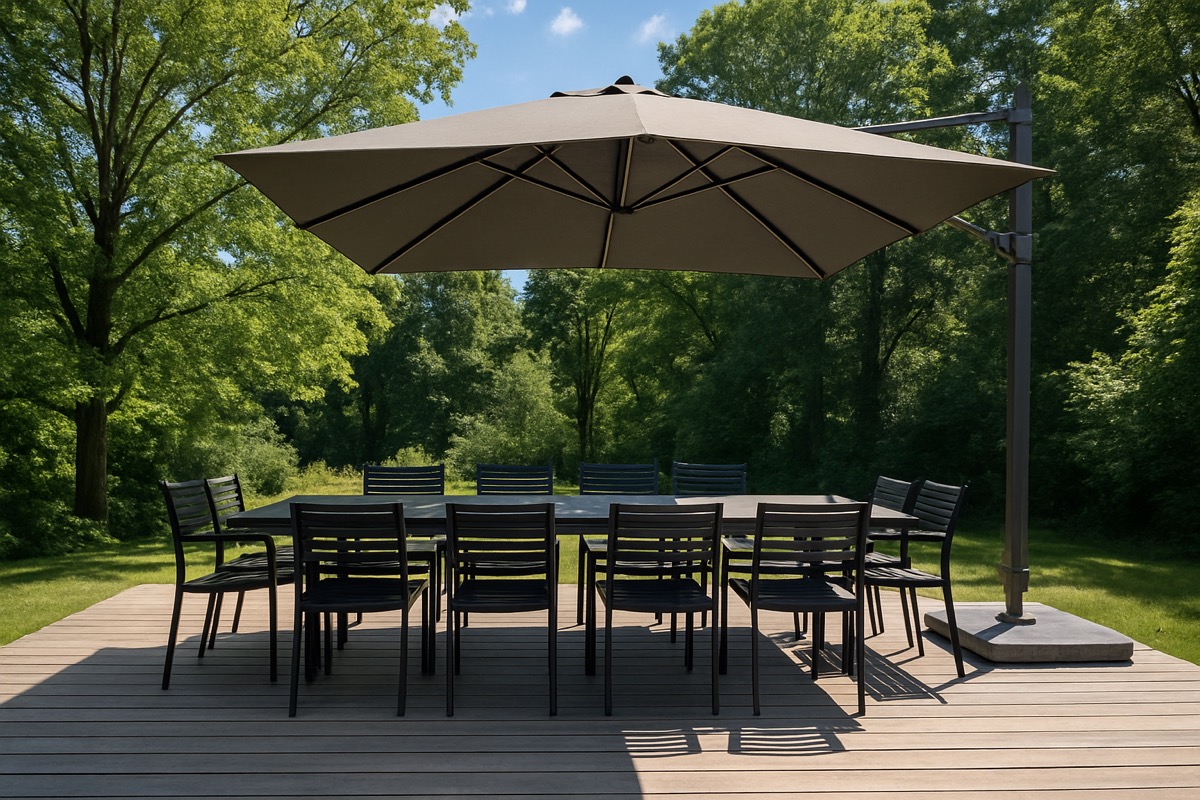 Long outdoor dining table with stackable chairs under a cantilever umbrella