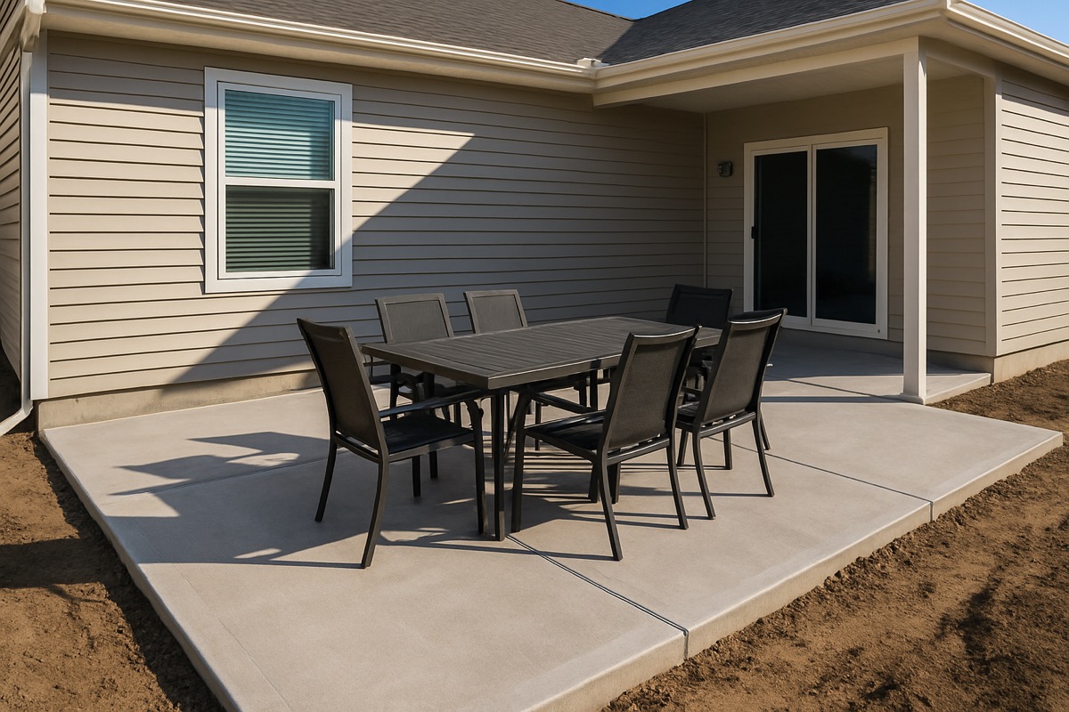 New-construction home with a fresh concrete patio and outdoor dining set