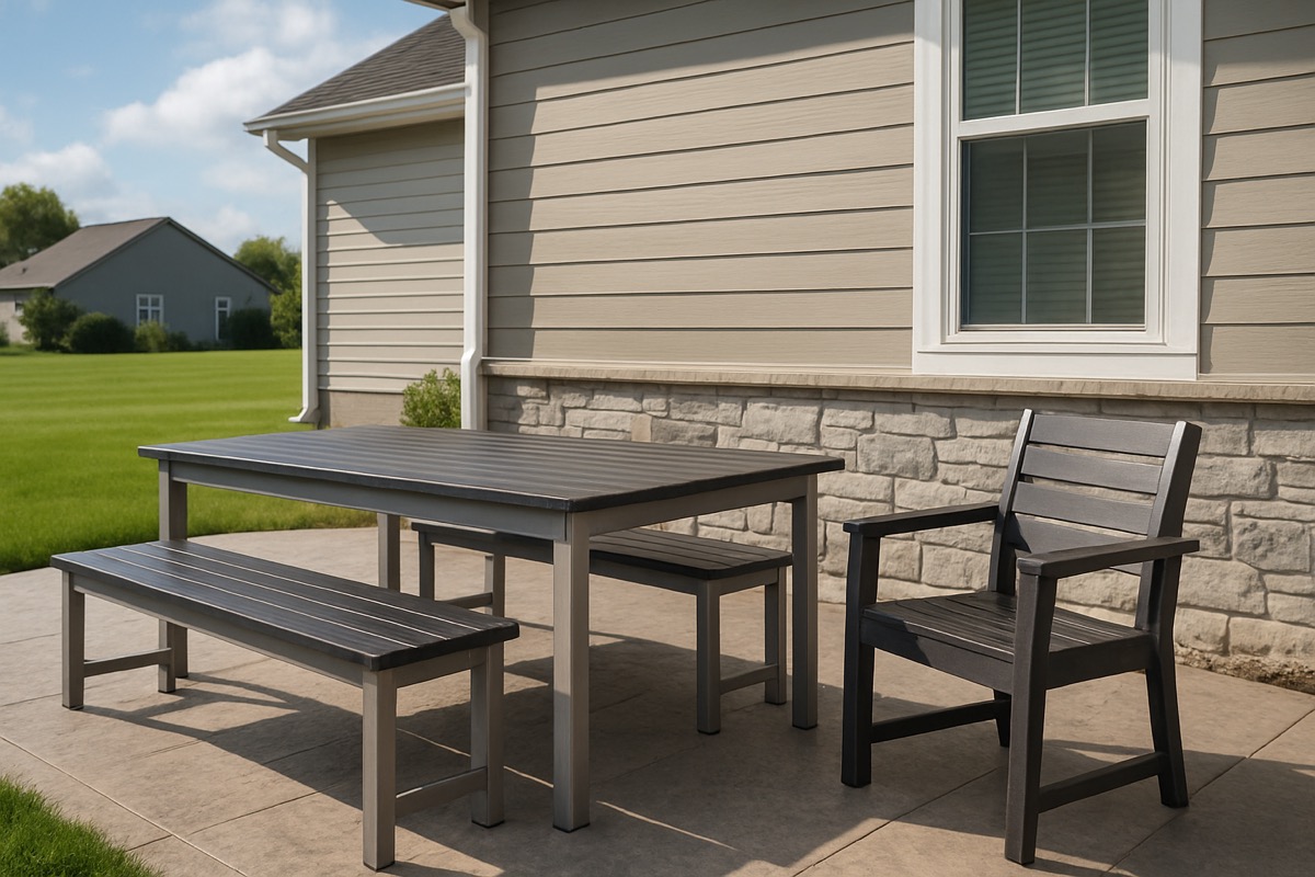 Durable aluminum and recycled plastic patio furniture by a new home exterior