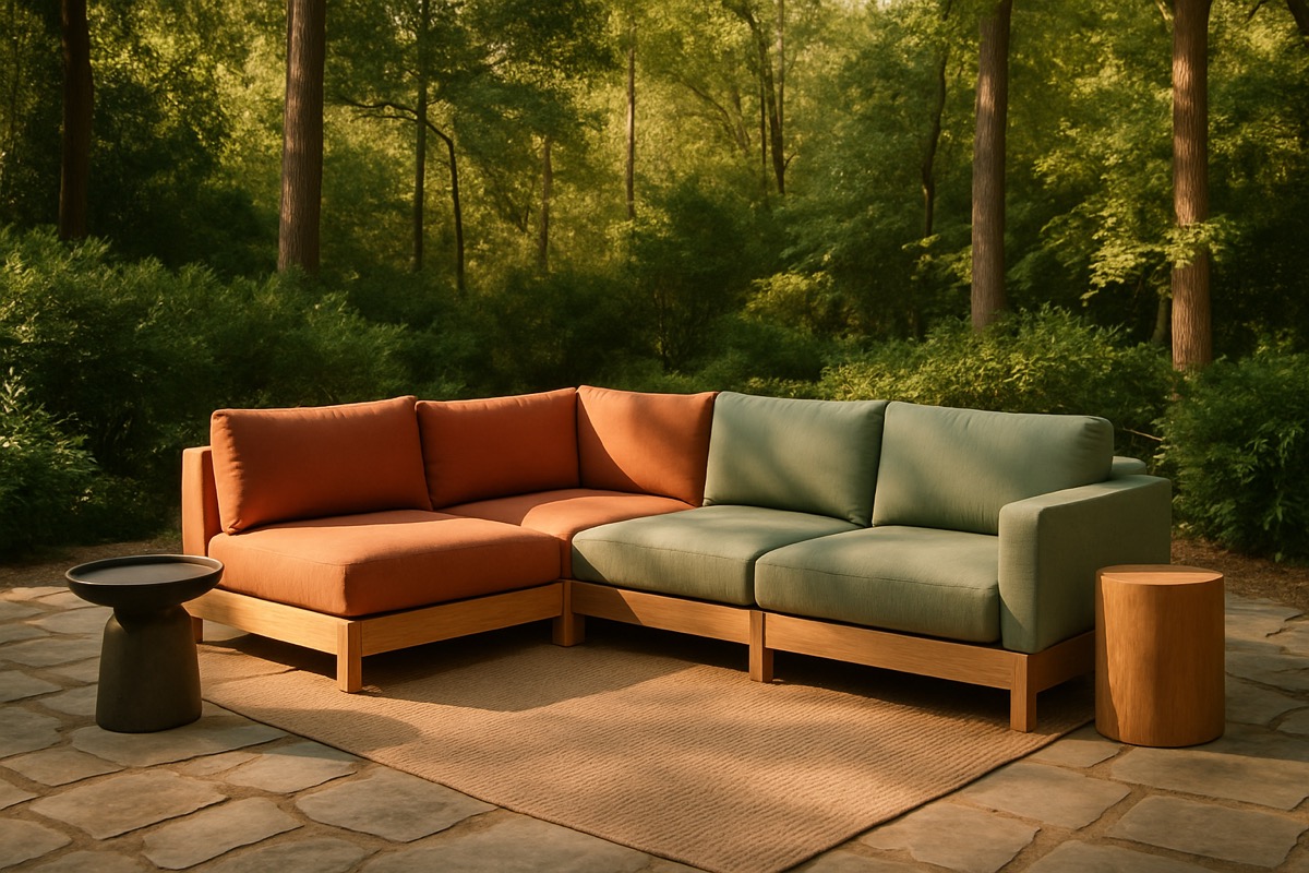 Modern patio set in earthy tones with modular seating in a Carolina backyard