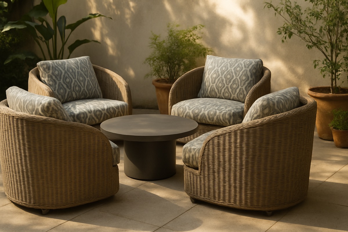 Curved outdoor lounge chairs with patterned performance fabric cushions