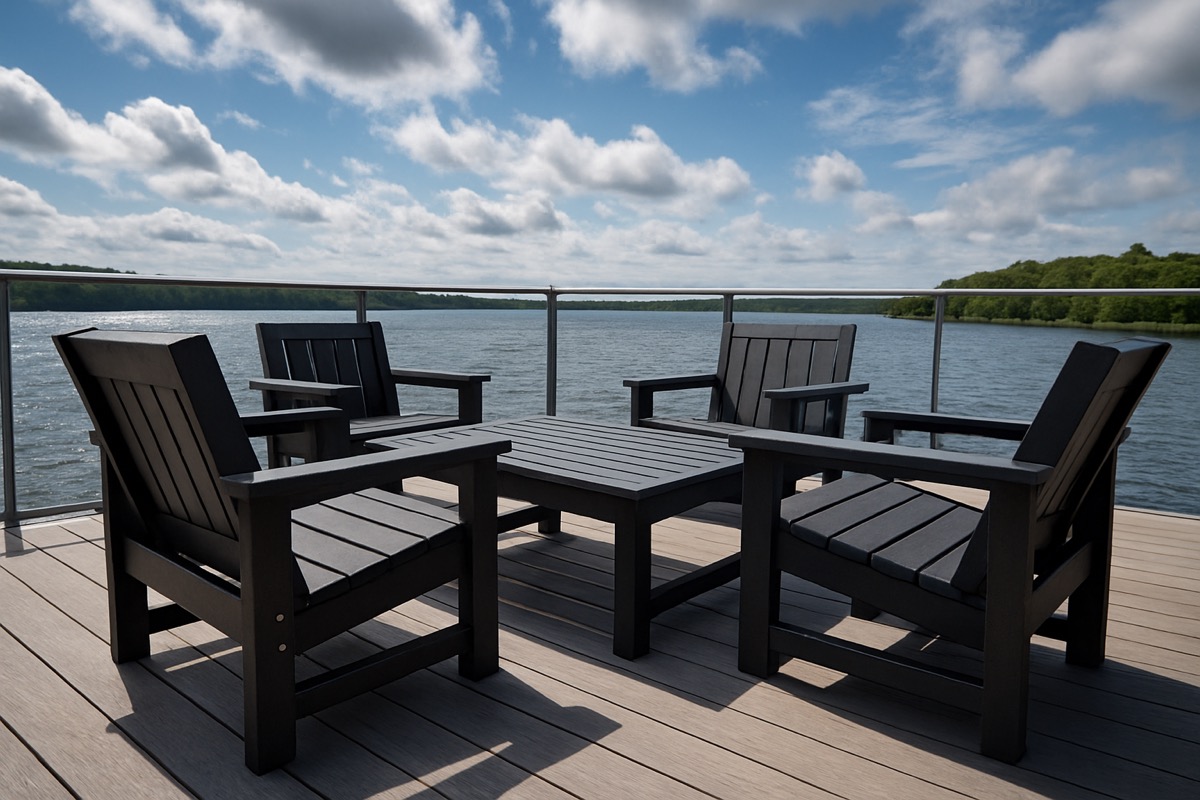 Heavy outdoor furniture on a lakefront deck under a breezy sky