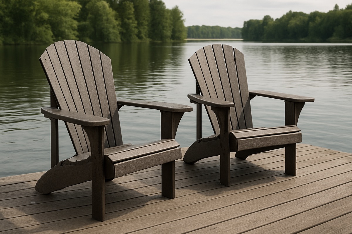 Recycled-plastic outdoor chairs on a dock-side deck