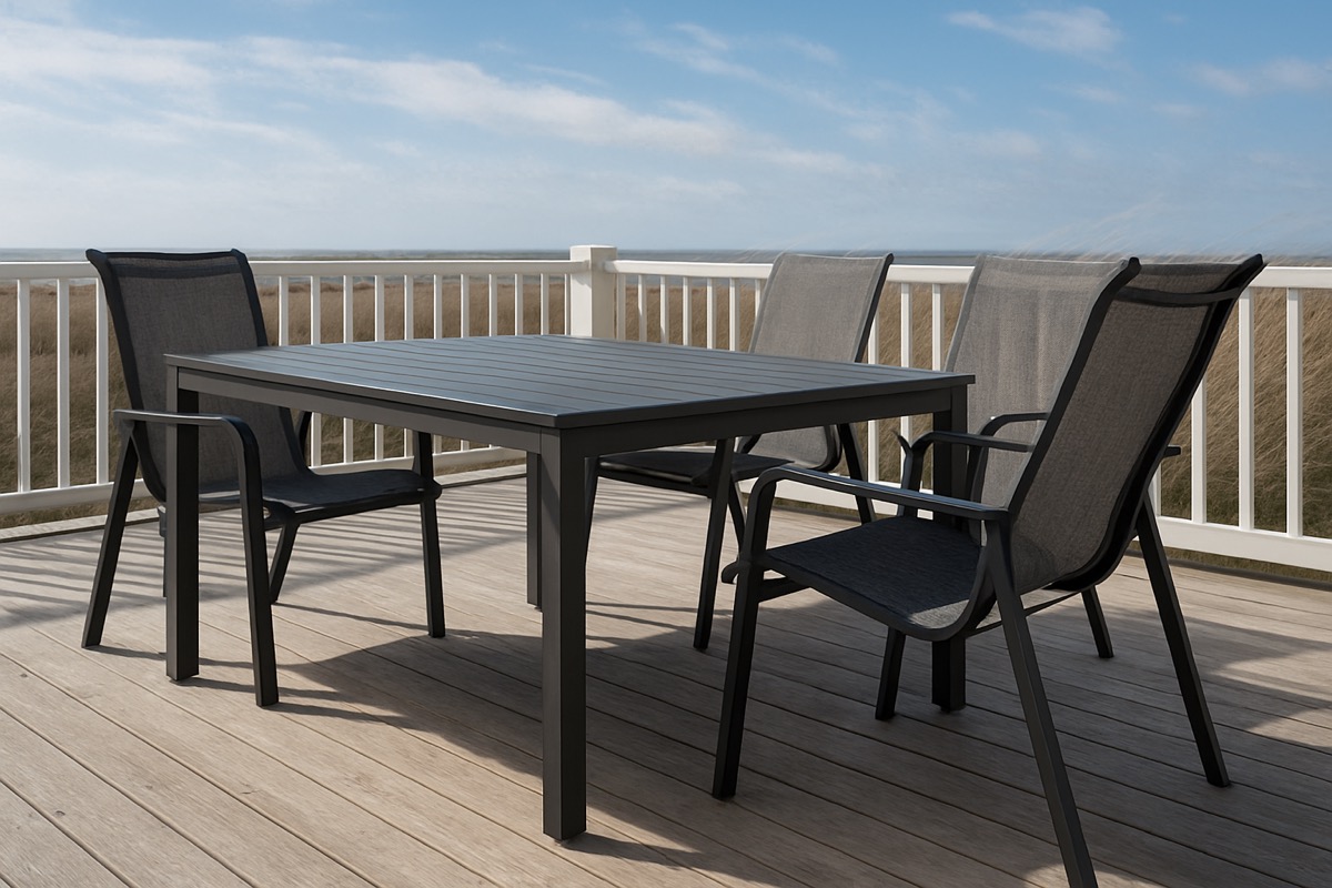 Sling-style outdoor seating with no loose cushions on a windy deck