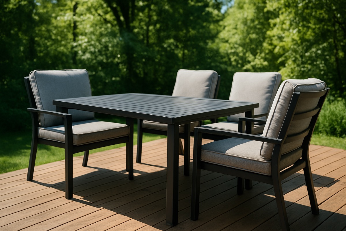 Powder-coated aluminum patio dining set on a sunny Charlotte backyard deck