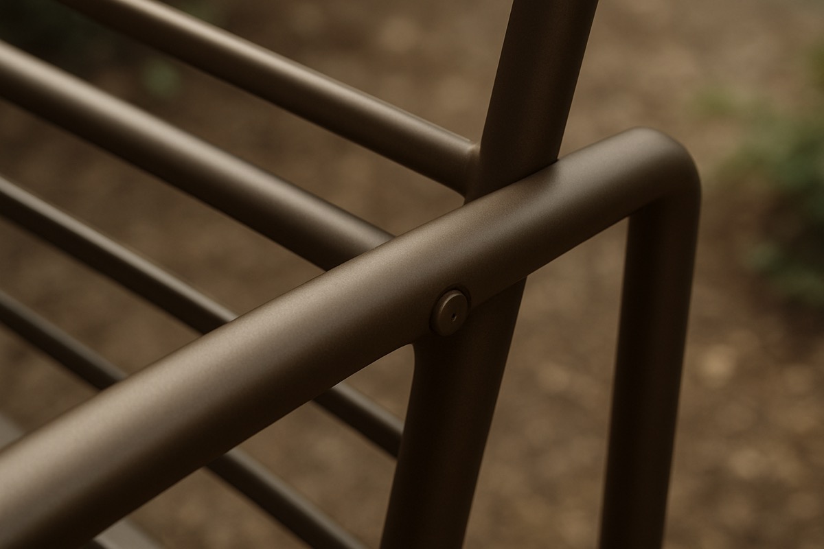 Close-up of a bronze powder-coated aluminum chair frame showing the smooth finish