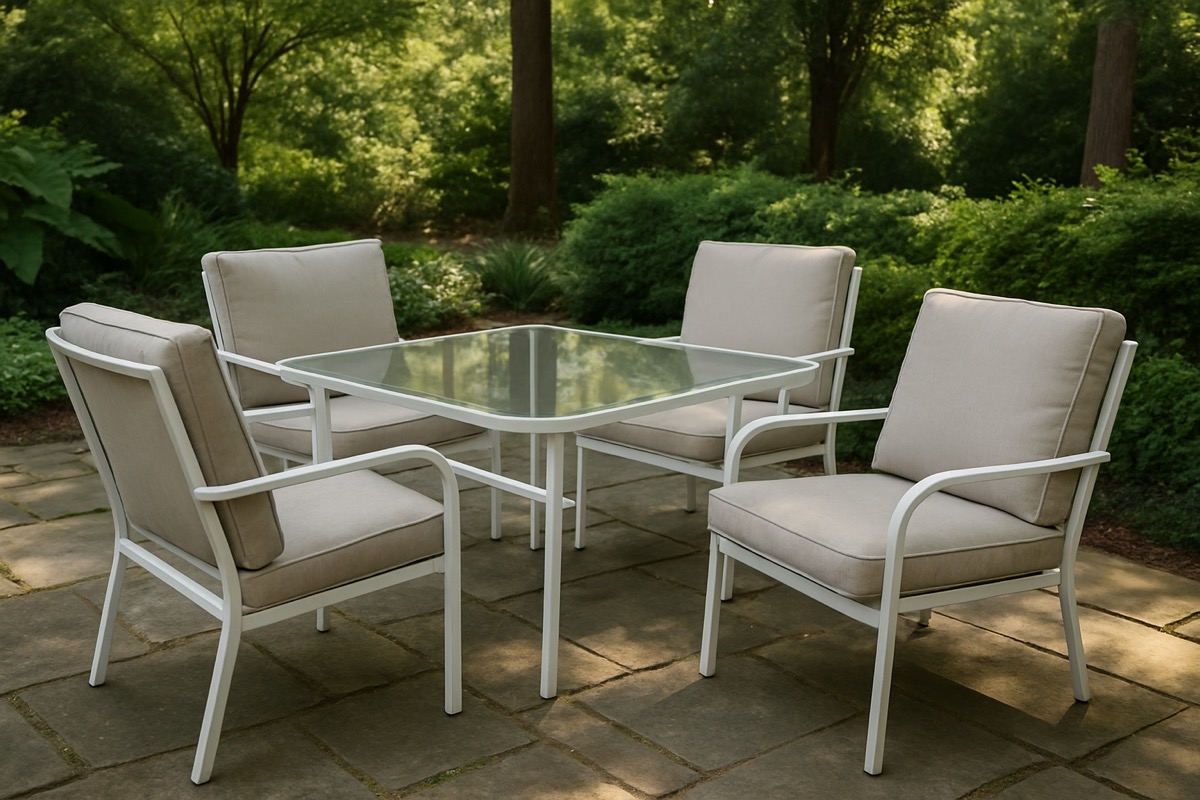 White aluminum patio chairs with outdoor cushions arranged around a shaded patio table